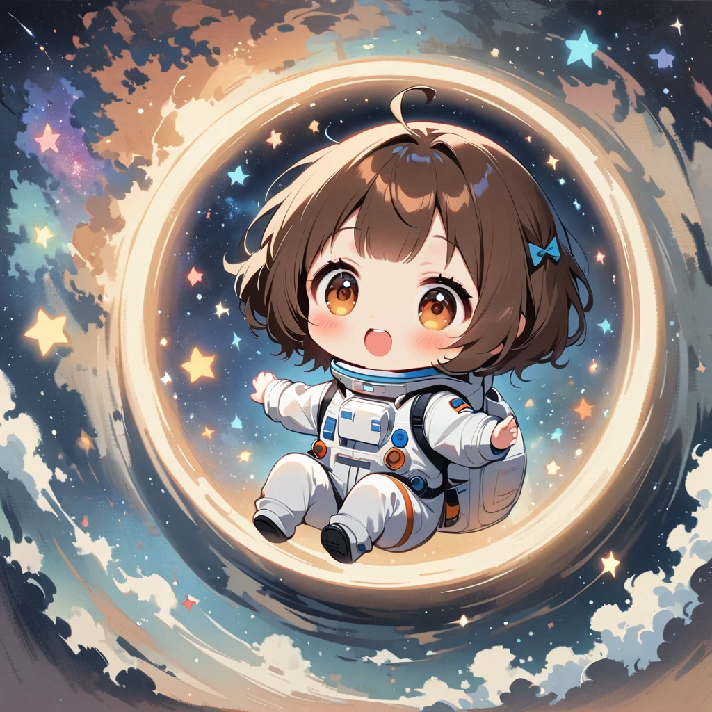 Girl sit in spacesuit floating in space,brown hair, surrounded by the Milky Way, the universe , cutely.  กินขนม เจอเอเลี่ยน