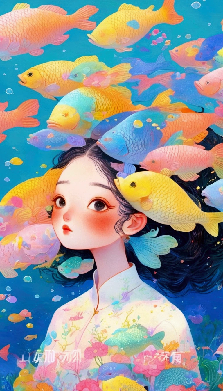 A painting。pastel artwork。There was a woman,There is a big fish head floating on the top, An extremely detailed painting by Li Song, Popular on CGsociety, Pop surrealism, Fantasy illustrations, A beautiful artistic illustration, Color illustrations, Beeple 和 Jeremiah Ketner, Colorfull illustration, Beautiful digital illustrations, Fish, Queen of the Sea Mu Yanling, Tranquility illustration