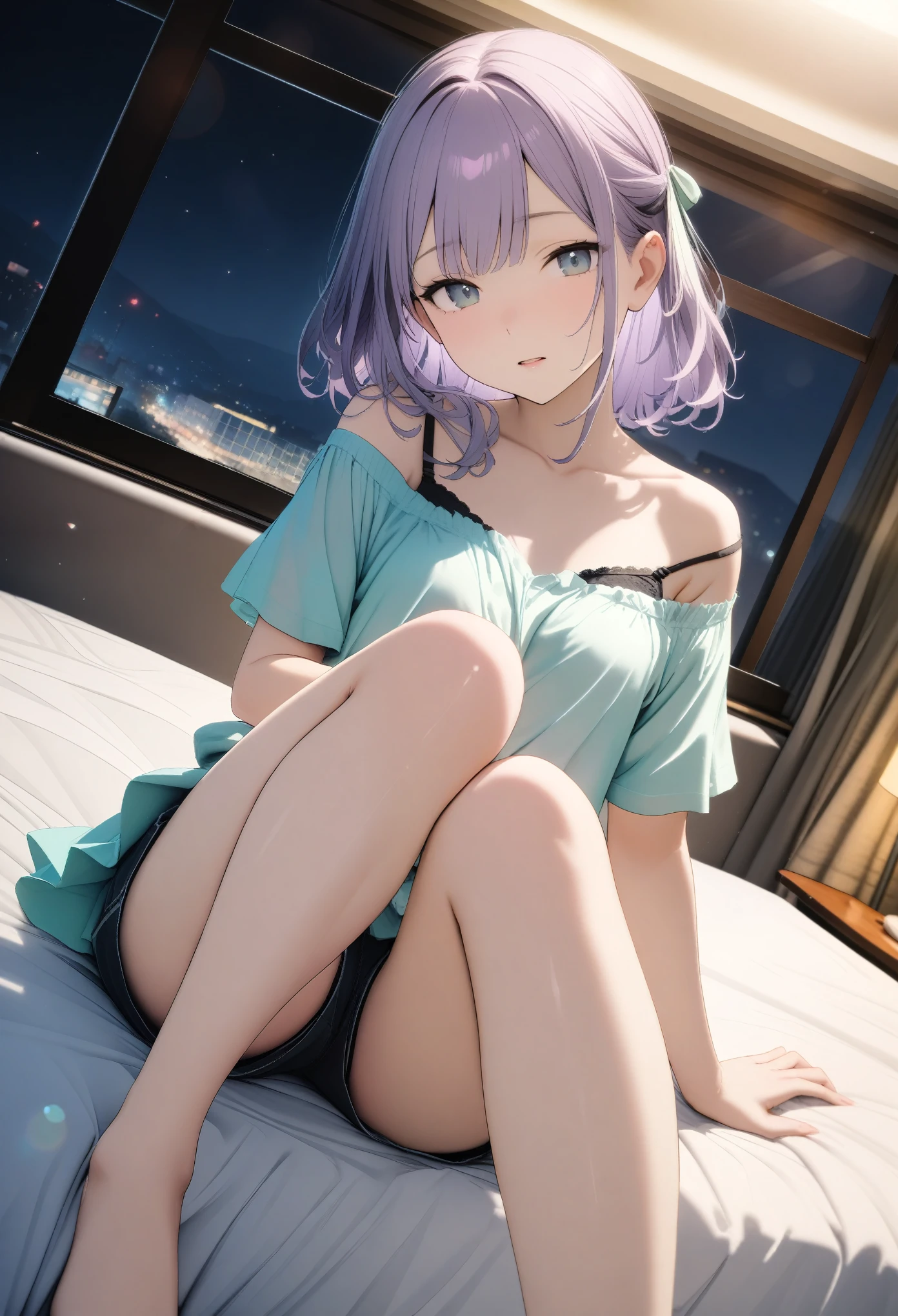 , ((Off-the-shoulder shirt, and pastel colored miniskirt、clothes are exposed、A sexy black bra and shorts are inside the clothing))、(Light purple hair color、Gray inner color hairstyle、Hair expressed with a delicate touch), Beautiful Hair, Facial Contour, Remember, ,Hotel, splash, Lens flare、night,illumination、Natural Color, High resolution, Very delicate, Very detailed, 8k,Lying in bed、（Breast size around B cup）、Shyness,((Sexual)),((Sexy feeling)),Angle from the feet