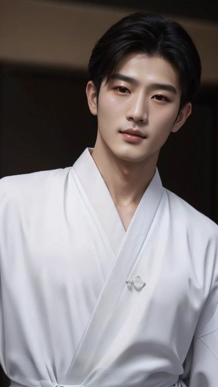 Alafid man in white kimono standing at the door, Inspired by Zhang Han, White Hanfu, Wear simple robes, inspired by Guan Daosheng, Wearing a white robe, cai xukun, White Taoist robe, Kim Do-young, Wear simple robes, Wearing a white robe, Korean male, Wearing a white robes, wearing white robe