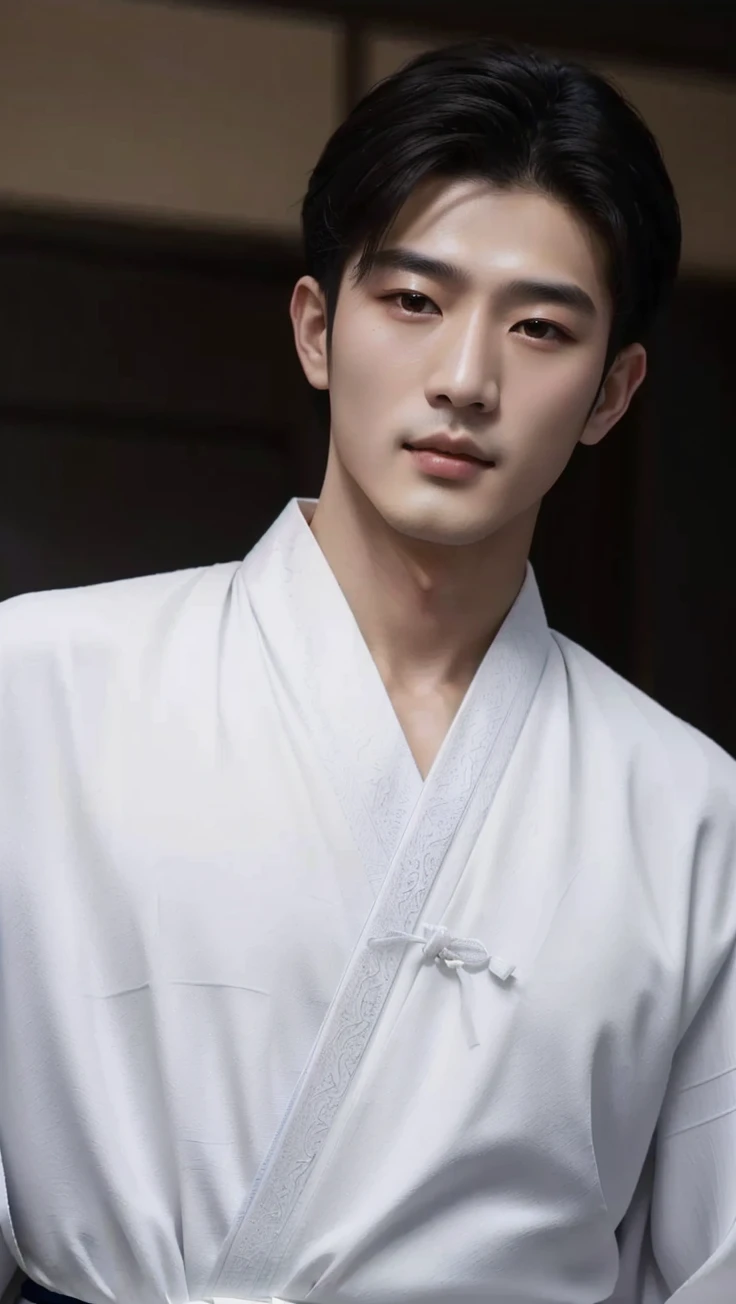 Alafid man in white kimono standing at the door, Inspired by Zhang Han, White Hanfu, Wear simple robes, inspired by Guan Daosheng, Wearing a white robe, cai xukun, White Taoist robe, Kim Do-young, Wear simple robes, Wearing a white robe, Korean male, Wearing a white robes, wearing white robe