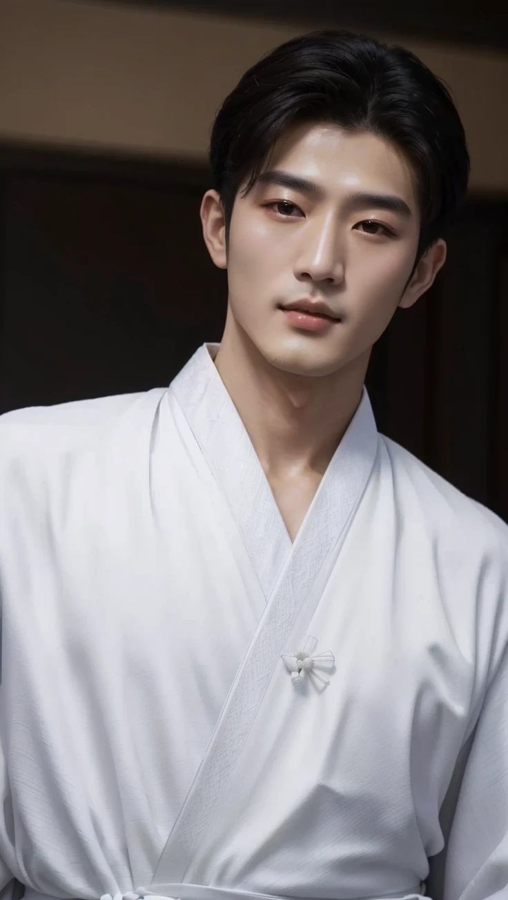 Alafid man in white kimono standing at the door, Inspired by Zhang Han, White Hanfu, Wear simple robes, inspired by Guan Daosheng, Wearing a white robe, cai xukun, White Taoist robe, Kim Do-young, Wear simple robes, Wearing a white robe, Korean male, Wearing a white robes, wearing white robe