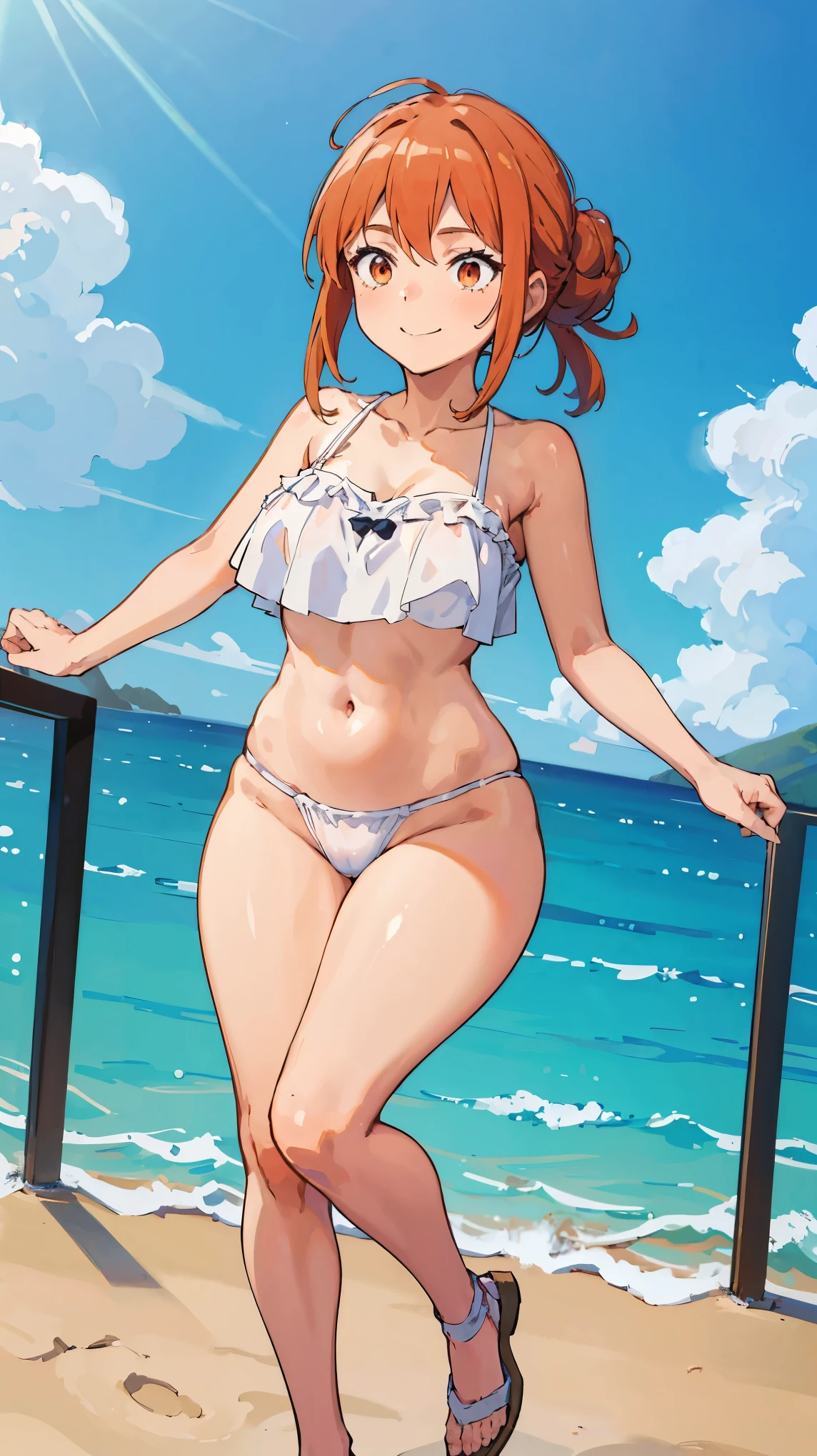 (Highest quality, 8k, masterpiece :1.3),Mrs. Yuigahama,ガハMom, As I expected, my youth romantic comedy is wrong。, One woman,Bun Hair,30 years old,Mom,Orange Hair,Embarrassed,Leg spread,Voluptuous body,Perfect Anatomy,nsfw,Swimsuit,Ocean,No incongruity with the background,smile