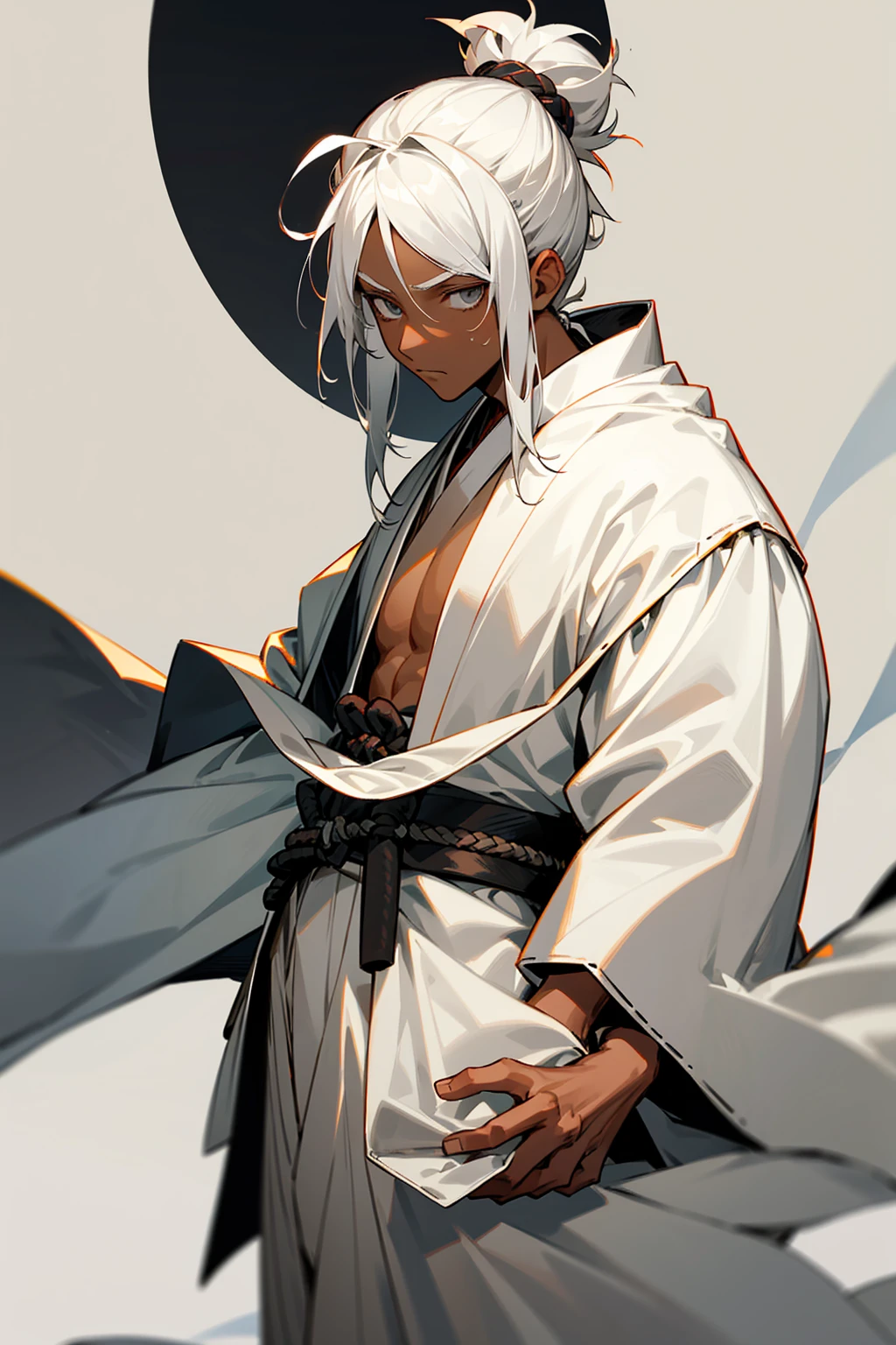 1boy, , ((childscular, muscle, white hair, medium length hair, topknot hair, bright grey eyes, calm expression, white clothes, samurai robes, ronin robes, sandals, dark skin, caramel skin, black skin, hands to side, white room background, detailed background, detailed face, facing viewer