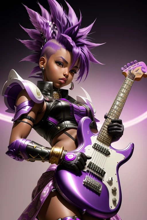  Saint Seiya，1 African American girl，purple Mohawk，Gradient，Gradient background，solo，1 girl，bow，Gloves，purple Mohawk，Fantastic girl，solo , electric guitar in hand, Rockstar.