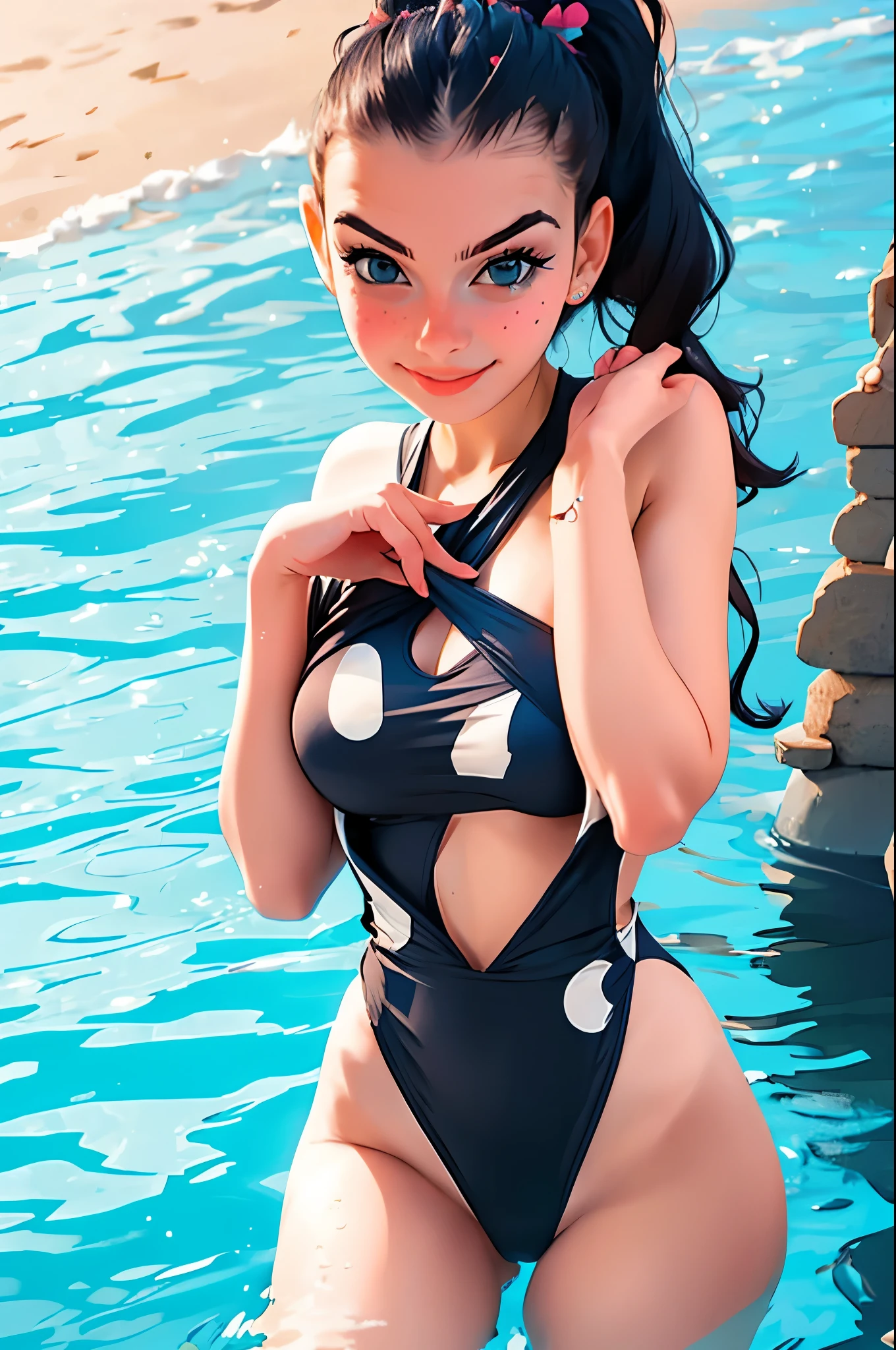 araffed woman in a polka dot swimsuit posing for a picture, in retro swimsuit, is wearing a swimsuit, bathing suit, swimsuit, monokini, 2 4 year old female model, cute girl wearing tank suit, one piece, polkadots, white with black spots, young swimsuit model, emma watson wearing a swimsuit, sparky swimsuit