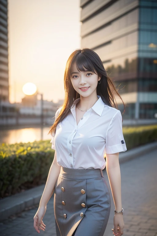 (A gorgeous Asian office lady, age 22, wearing formal office attire, (wet clothes:1.1) short-sleeve white shirt with collar and buttons, grey pencil skirt, walking in a sunset, friendly & kind expression, gentle smile, dimpled smile, cute snaggle-tooth, Bib Haircut Side-Bangs, symmetrical face, beautiful detailed face, bright eyes, detailed eyes, ample round bosom, photorealistic, hyper-realism, high contrast, ultra HD, realistic skin textures, top image quality, top-quality, super high resolution, fine details, very meticulously, masterpiece, head to knees, the Cowboy shot, romantic atmosphere, bokeh night background, SFW)