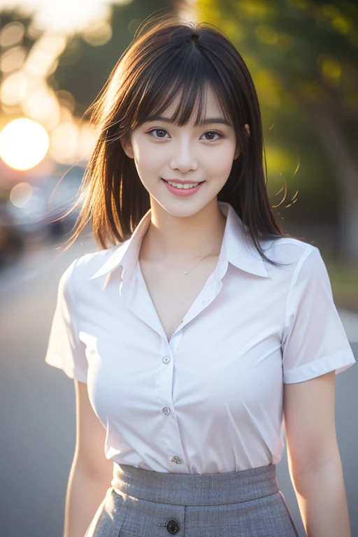 (A gorgeous Asian office lady, age 22, wearing formal office attire, (wet clothes:1.1) short-sleeve white shirt with collar and buttons, grey pencil skirt, walking in a sunset, friendly & kind expression, gentle smile, dimpled smile, cute snaggle-tooth, Bib Haircut Side-Bangs, symmetrical face, beautiful detailed face, bright eyes, detailed eyes, ample round bosom, photorealistic, hyper-realism, high contrast, ultra HD, realistic skin textures, top image quality, top-quality, super high resolution, fine details, very meticulously, masterpiece, head to knees, the Cowboy shot, romantic atmosphere, bokeh night background, SFW)