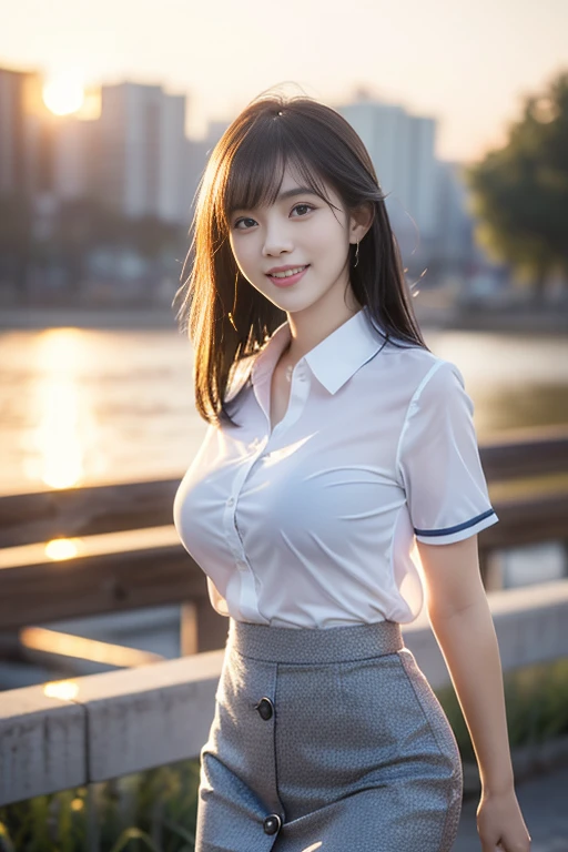 (A gorgeous Asian office lady, age 22, wearing formal office attire, (wet clothes:1.1) short-sleeve white shirt with collar and buttons, grey pencil skirt, walking in a sunset, friendly & kind expression, gentle smile, dimpled smile, cute snaggle-tooth, Bib Haircut Side-Bangs, symmetrical face, beautiful detailed face, bright eyes, detailed eyes, ample round bosom, photorealistic, hyper-realism, high contrast, ultra HD, realistic skin textures, top image quality, top-quality, super high resolution, fine details, very meticulously, masterpiece, head to knees, the Cowboy shot, romantic atmosphere, bokeh night background, SFW)