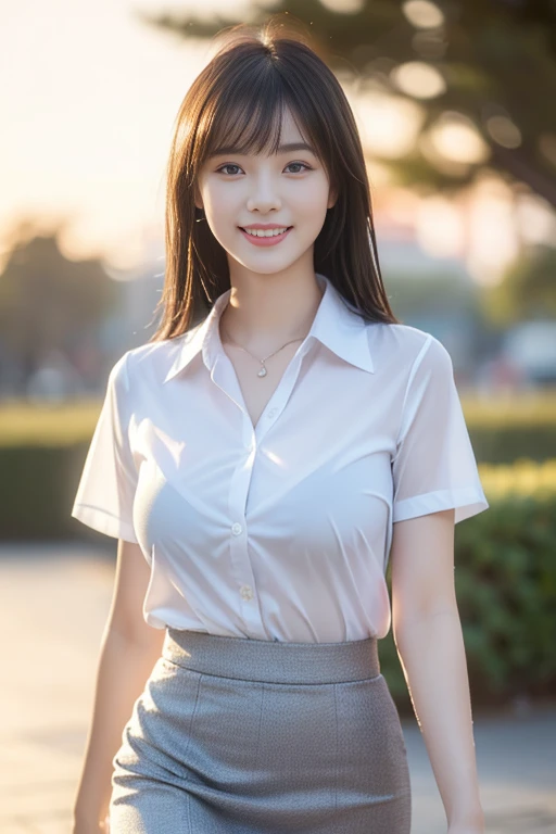 (A gorgeous Asian office lady, age 22, wearing formal office attire, (wet clothes:1.1) short-sleeve white shirt with collar and buttons, grey pencil skirt, walking in a sunset, friendly & kind expression, gentle smile, dimpled smile, cute snaggle-tooth, Bib Haircut Side-Bangs, symmetrical face, beautiful detailed face, bright eyes, detailed eyes, ample round bosom, photorealistic, hyper-realism, high contrast, ultra HD, realistic skin textures, top image quality, top-quality, super high resolution, fine details, very meticulously, masterpiece, head to knees, the Cowboy shot, romantic atmosphere, bokeh night background, SFW)