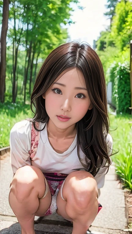 There is a woman kneeling on the forest path, portrait of a Japanese teen, of a youthful Japanese girl, young asian girl, wearing Japanese , Japanese girl , beautiful girl, Sit on the ground, portrait of a Japanese girl, Sitting in the forest, Japanese , Strike a Pose, Young Asian Woman