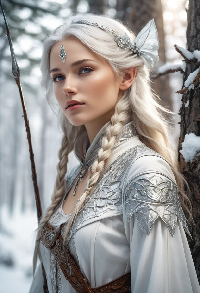 Elven Woman:white woman:elegant:Mori people:Hunter's attire:Clothes embroidered with silver thread on a white background:detailed:, white skin:Transparent, beautiful profile:Nordic beauty:seems kind:young, white hair:shiny, Strong bow, Yazuki, forest background, nordic forest, portrait, painted with oil paint, fantasy, Snowy forest background, dynamic composition, feel the wind, 18-year-old, pointy ears, cowboy shot, from side, by Alfons Mucha, cinematic lighting, UHD, super detail, 8k, anatomically correct, textured skin, high details