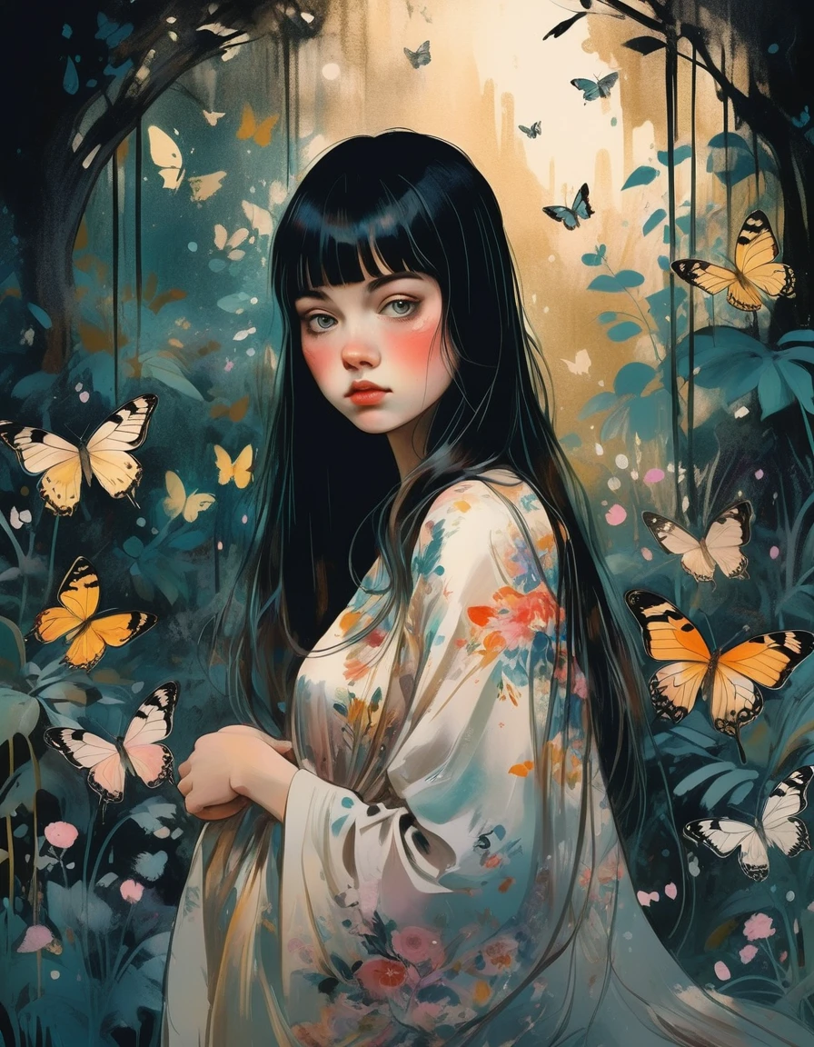 chiaroscuro technique on sensual illustration of an baby girl (((long hair with bangs:1.4、Beautiful bangs) , vintage ,silky dress, matte painting, by John Singer Sargent, by Harumi Hironaka, abstract background, (upper body:1.5), (highres:1.2,realistic:1.37),Girl in a magical garden, fairytale atmosphere, beautiful detailed eyes, long flowing hair, vibrant flowers, butterflies fluttering around, golden rays of sunlight, soft and dreamy color palette, whimsical lighting, enchanting scenery, fantasy ambiance, surreal elements, ethereal beauty.