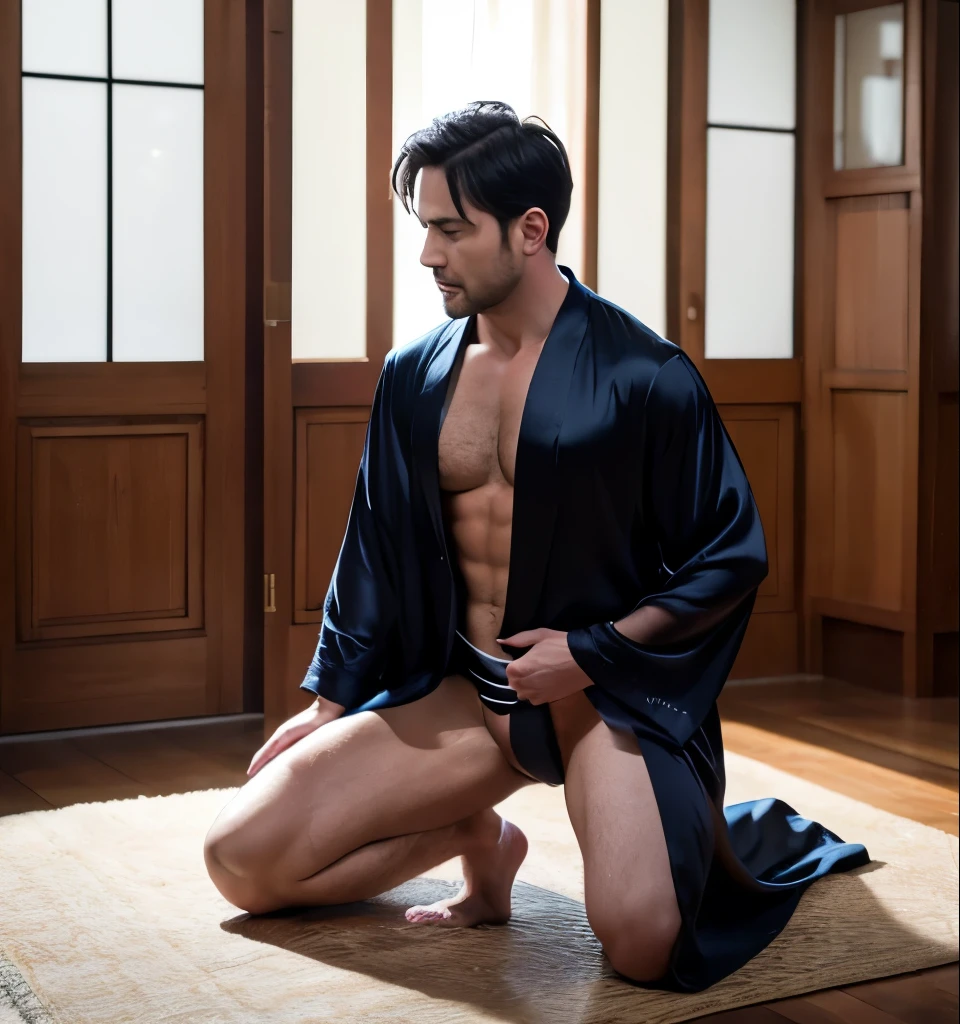 A 35-year-old man,bar,Light silk bathrobe,Thin muscles,Kneeling,Legs open,The crotch of the silk thong bulges,Male Love,Black medium length hair,Black eyes,hansome,Sexy