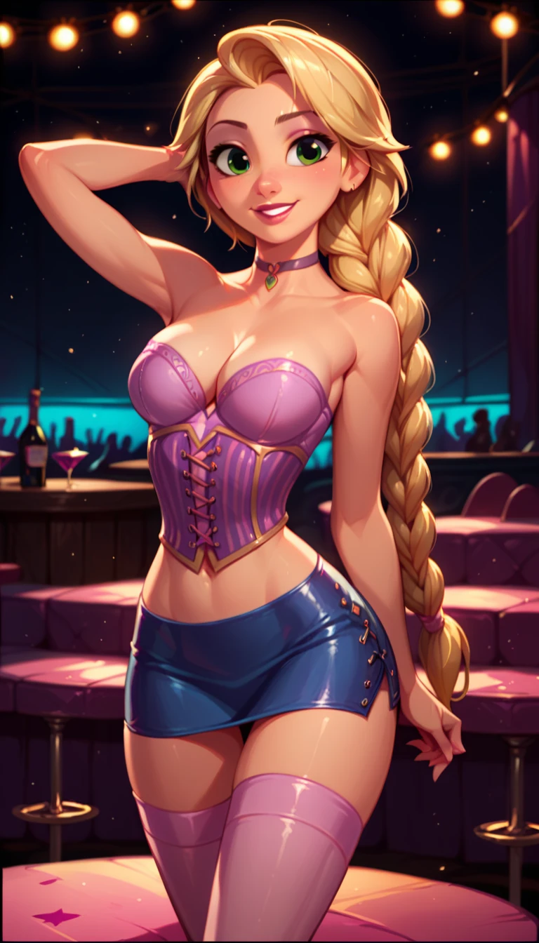 score_9, score_8_up, score_7_up, score_6_up, 1girl, solo, rapunzel (blonde hair, braid:1.1), (short tight skirt, cropped corset, thigh highs:1.2), cleavage, looking cute, fashionable, cinematic lighting,, dancing, nightclub, cowboy shot.