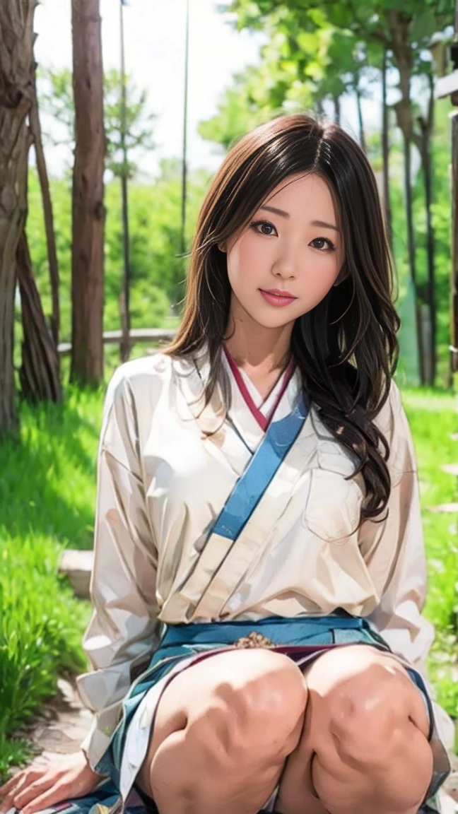 There is a woman kneeling on the forest path, portrait of a Japanese teen, of a youthful Japanese girl, young asian girl, wearing Japanese , Japanese girl , beautiful girl, Sit on the ground, portrait of a Japanese girl, Sitting in the forest, Japanese , Strike a Pose, Young Asian Woman