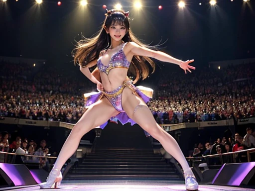 ((Highest quality)), ((masterpiece)), (detailed), (realistic, photo-realistic), (a beautiful 30 years old Japanese idol woman on stage with too many crowd of man), (sexy costume:1.2), (warm-Smile), (shiny skin:1.2), (glamorous), thigh, full body,