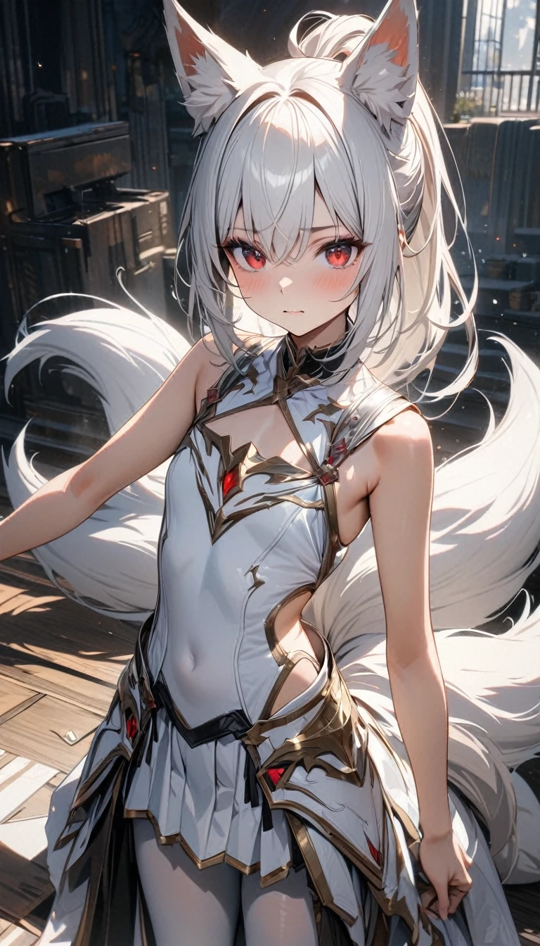 adult girl, long white hair, high ponytail, red eyes, flat chest, fox ears, fox tails, white armor dress, skirt, white tights, open belly, Masterpiece, best quality, Full HD, 8k, ultra details, great graphic