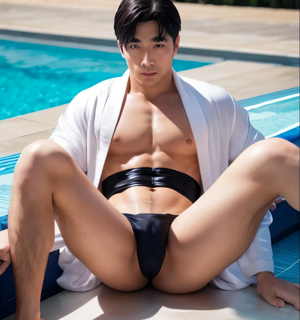 A 35-year-old man,Swimming pool,Light silk bathrobe,Thin muscles,Legs open,The crotch of the silk thong bulges,Male Love,Black medium length hair,Black eyes,hansome,