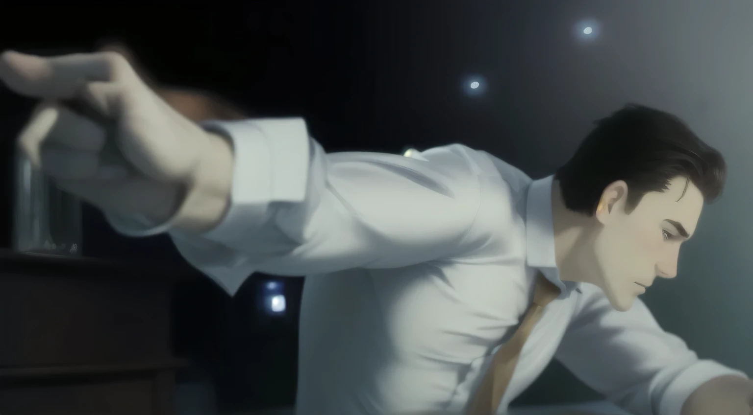 a muscular man in a white dress shirt, writing, pointing a pen in his hand, ultra-detailed, highly realistic, cinematic lighting, dramatic angle, moody atmosphere, muted color palette, oil painting style