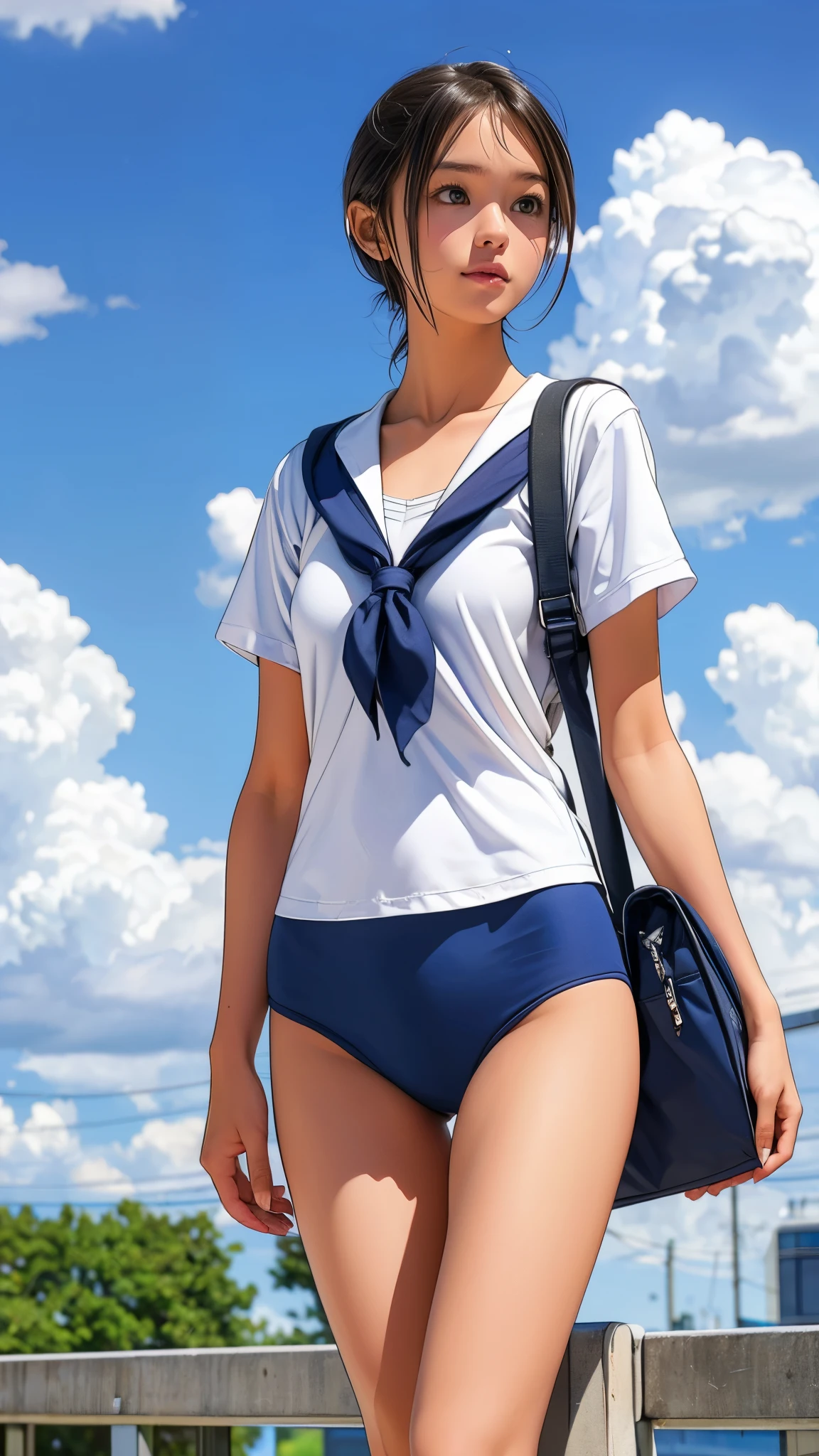 Girl Standing In Schoolyard, Cumulonimbus clouds floating in the summer sky, (Navy blue school swimsuit:1.1), On a white sailor shirt, school bag, 13 years old, (Very slim:1.4), Thin thighs, knees, Brown eyes, Short hair tied low