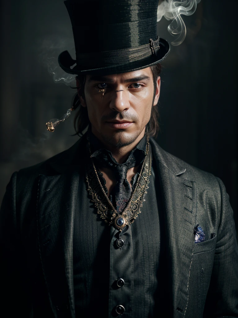 a well-dressed male orc wearing a monocle, smoking a pipe, and wearing a top hat, highly detailed, realistic, cinematic lighting, photorealistic, 8k, best quality, masterpiece, (extremely detailed facial features:1.4), (striking pose:1.2), (intricate clothing textures:1.3), atmospheric, dramatic lighting, cinematic composition, (chiaroscuro lighting:1.2), (delicate smoke effects:1.1), (luxurious top hat:1.2), (ornate monocle design:1.1), fantasy, dark fantasy, dramatic, elegant, intricate, high quality