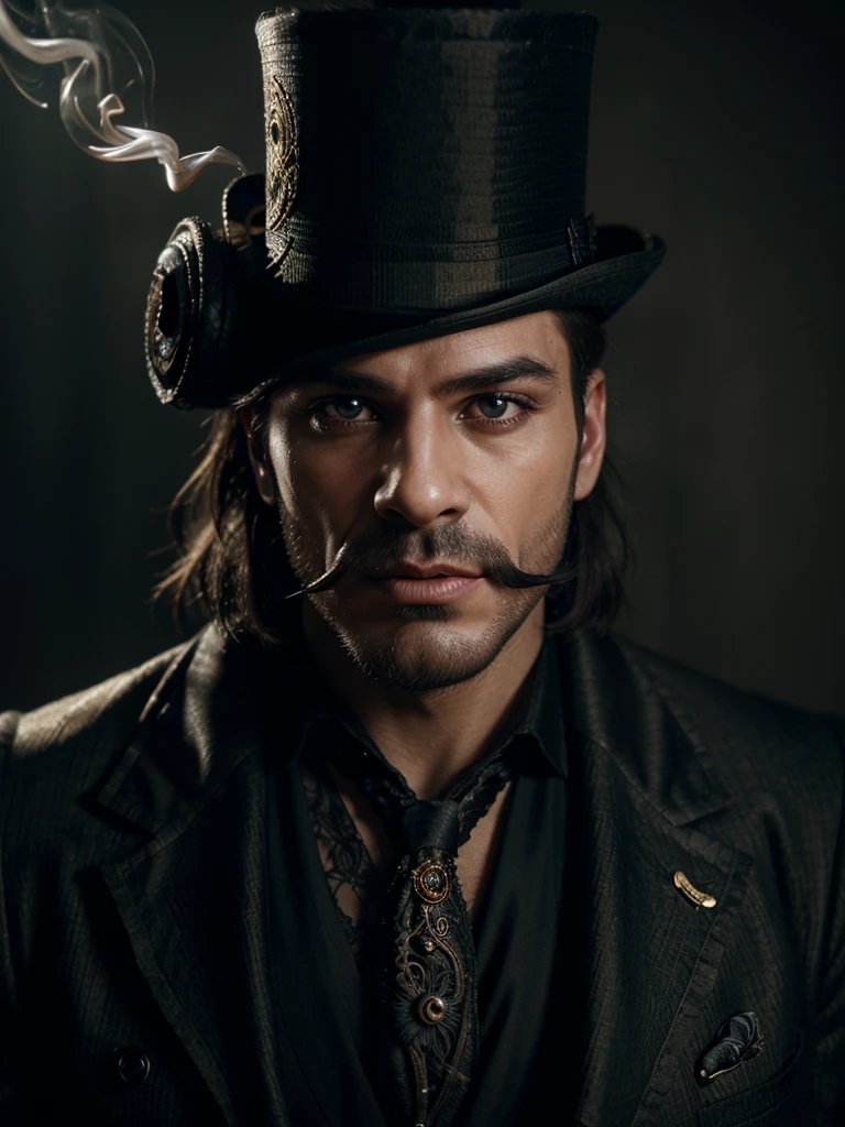a well-dressed male orc wearing a monocle, smoking a pipe, and wearing a top hat, highly detailed, realistic, cinematic lighting, photorealistic, 8k, best quality, masterpiece, (extremely detailed facial features:1.4), (striking pose:1.2), (intricate clothing textures:1.3), atmospheric, dramatic lighting, cinematic composition, (chiaroscuro lighting:1.2), (delicate smoke effects:1.1), (luxurious top hat:1.2), (ornate monocle design:1.1), fantasy, dark fantasy, dramatic, elegant, intricate, high quality