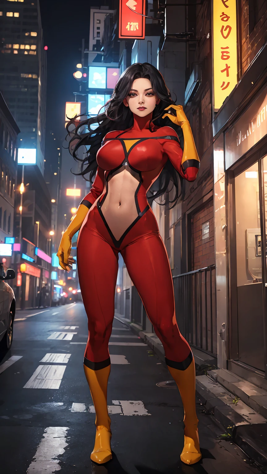 (((full body photo))) (Highly quality, masterpiece, detailed), Night city detailed scenario, Night city detailed background, 20 years old girl, smirk, Jessica_Drew_aiwaifu, long hair, black hair, large breasts, lips, lipstick, gloves, red shirt, red pants, yellow gloves, Leather clothes, yellow shirt, yellow pants, thighs, crop top, glaring at the viewer, Abdomen, Navel, beautiful eyes, perfect eyes, looking at the viewer, Sexy pose