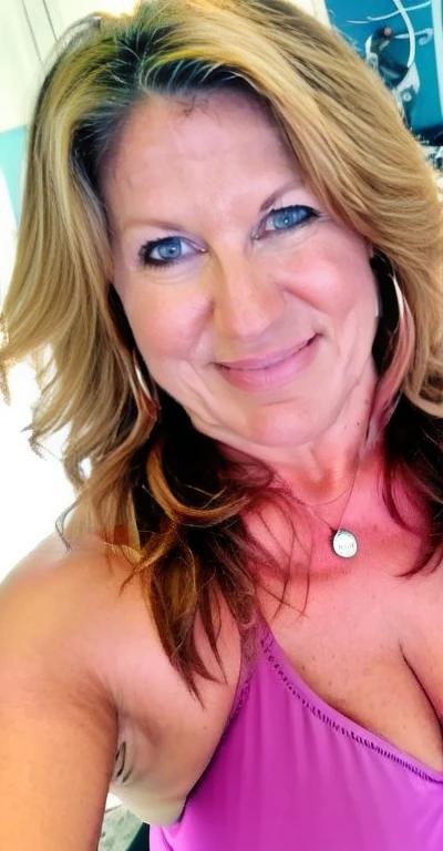 Full shot of mature,sexy daine, sexy milf, hot curves,mature milf face, 45yo, wearing pink shirt and tight blue gymshorts,(cinematic:1.3), intricate details, (ArtStation:1.2)