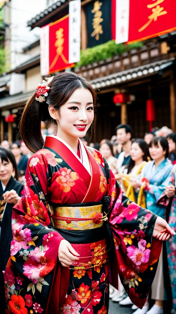 Oiran　Oiran道中　A parade through the crowds in Kyoto１Beauty　Based on a face in a photo　Parade through the town　Red and black based kimono　Floral decoration　