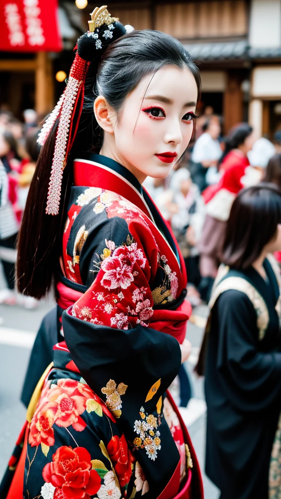 Oiran Oiran道中 A parade through the crowds in Kyoto1Beauty Based on a face in a photo Parade through the town Red and black based kimono Floral decoration