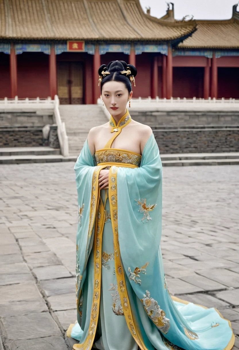 Chinese actress Xu Xun in The Legend of Ruyi (Zhou Xun) A Qing dynasty Empress standing in the foreground, showing her large breasts, her hairy pussy and underbelly, naked without underwear on the cobblestones outside a Chinese palace during the Qing dynasty、Chinese empress hairstyle big crown