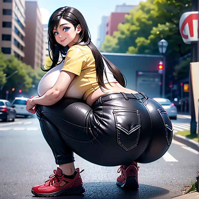 1 woman, big breasts, big butt, thick thighs, With red fast food uniform cap, With yellow fast food uniform shirt, With beige uniform pants, With black leather shoes, black hair with brown tips, deep blue eyes, parts, smiling, standing,