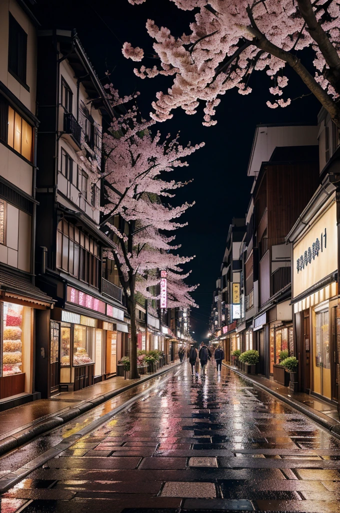 Create a night-time scene of a street in Tokyo during spring with cherry blossoms in full bloom. The scene should capture the beauty of the rain with wet pavements reflecting the street lights. A woman holding a transparent umbrella walks down the sidewalk, which is sprinkled with fallen cherry blossom petals. The trees, adorned with pink and white blossoms, line the street, creating a tunnel-like effect. The atmosphere should be calm and serene, with soft, diffused lighting enhancing the delicate colors of the blossoms and the wet surfaces. There should be subtle details of shops and signs in the background, adding a touch of urban life to the tranquil scene.

