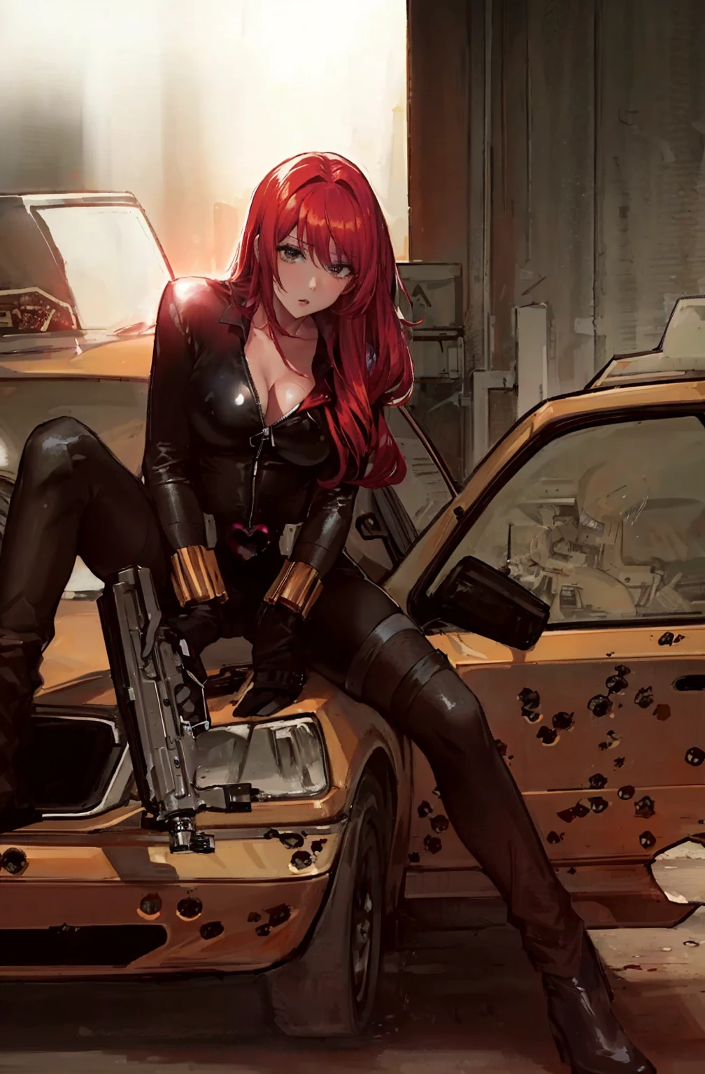 The image is an illustration of a red-haired woman dressed in a sleek skin-tight shiny black latex bodysuit with a deep-cut zipper neckline revealing a large chest, the silver zipper running down the front, sitting on the hood of a damaged yellow car, with bullet holes visible on it. The woman appears powerful and ready for action, holding a gun in both hands. The atmosphere of the scene is intense and dramatic, made even more so by the urban setting.