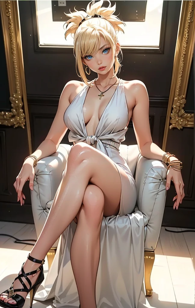 ((1woman, (solo, 1girl, alone), kohaku, blonde hair, blue eyes, tied hair)), smug, ((solo, (1woman, pink lipstick), Extremely detailed, ambient soft, (( white dress, long dress, elegant dress, fancy dress, high heels, sitting in an armchair, legs crossed, office, living room, modern apartment, necklace, bracelets, earrings, lamp ))