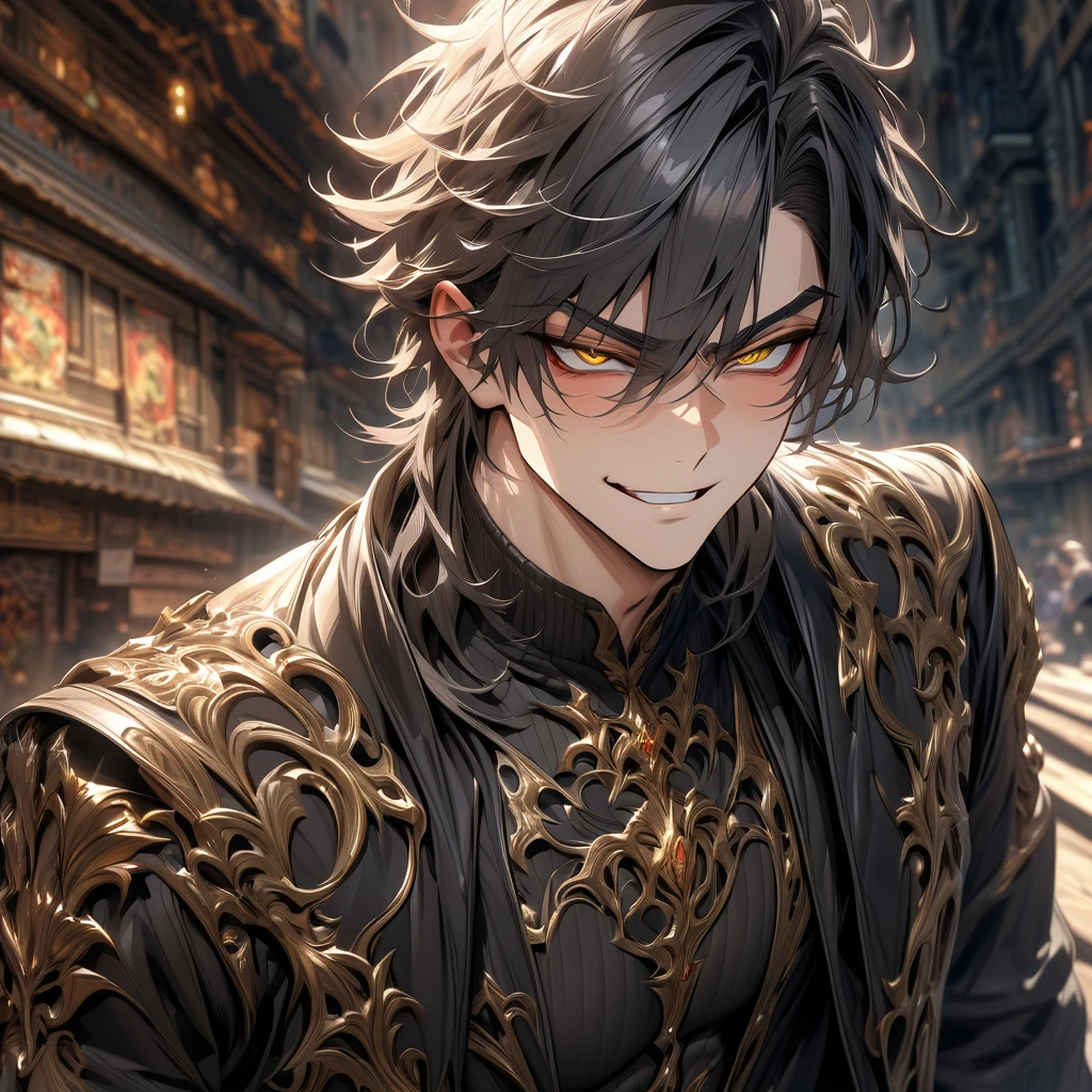 ultra detailed, high resolution, HDR, artwork, black hair, expressive yellow eyes, black coat, sexy man, alone, best quality, handsome smile, tight black shirt, Angry Face.