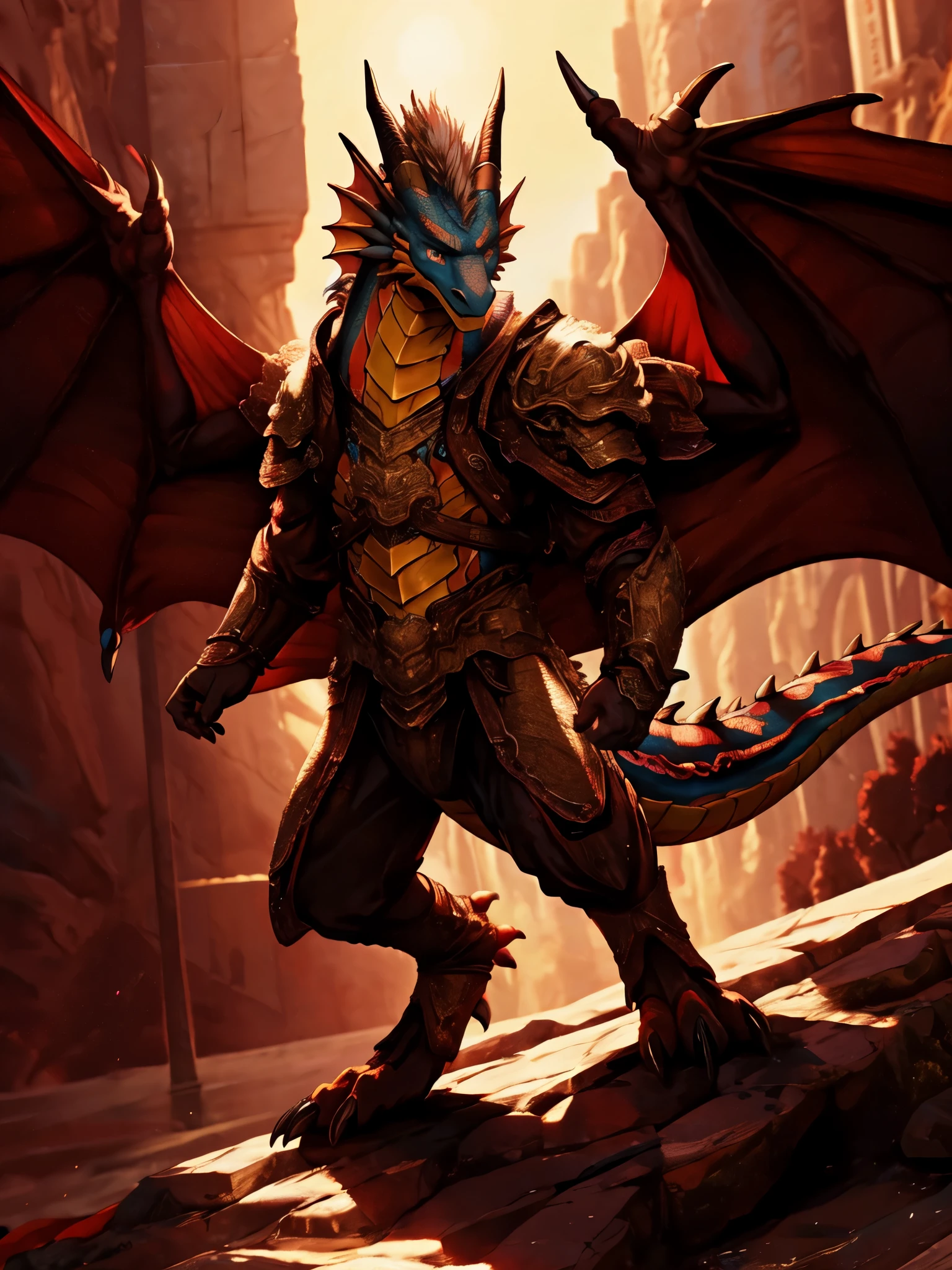 kemono, (dragon), anthro,male,((white body)),wings,blue_eyes,8K,sword,ornate armor(The elaborately crafted coat of arms of a nobleman),ultra high resolution,surreal,clear eye description, muscular body,waist armor,fighting_stance,character art, action pose,masterpiece,Realistic RAW photos of the highest quality,bright colors,rich colors, backlight, movie lights, film grain,tail,toe claws,digitigrade,