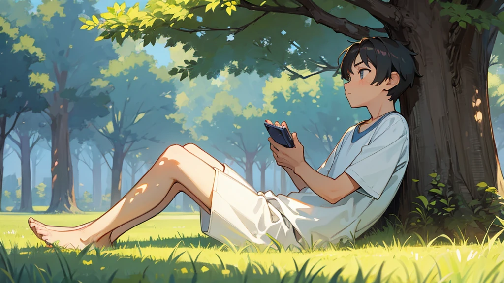 boy Sitting leaning against a tree summer sun grassland