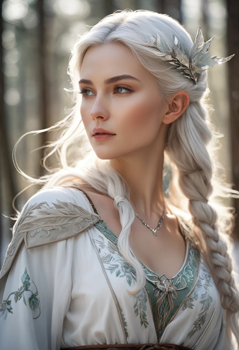 wlop style, Elven Woman:white woman:elegant:Mori people:Hunter's attire:Clothes embroidered with silver thread on a white background:detailed:, white skin:Transparent, beautiful profile:Nordic beauty:seems kind:young, white hair:shiny, Strong bow, Yazuki, forest background, nordic forest, portrait, painted with oil paint, fantasy, Snowy forest background, dynamic composition, feel the wind, 18-year-old, pointy ears, cowboy shot, from side, by Alfons Mucha, cinematic lighting, UHD, super detail, 8k, anatomically correct, textured skin, high details