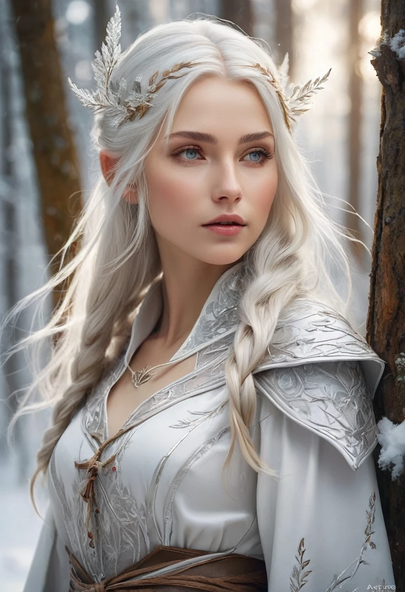 wlop style, Elven Woman:white woman:elegant:Mori people:Hunter's attire:Clothes embroidered with silver thread on a white background:detailed:, white skin:Transparent, beautiful profile:Nordic beauty:seems kind:young, white hair:shiny, Strong bow, Yazuki, forest background, nordic forest, portrait, painted with oil paint, fantasy, Snowy forest background, dynamic composition, feel the wind, 18-year-old, pointy ears, cowboy shot, from side, by Alfons Mucha, cinematic lighting, UHD, super detail, 8k, anatomically correct, textured skin, high details