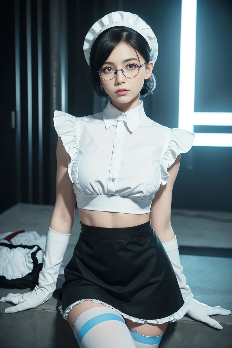 cinematic lighting,super dense skin、High quality illustrations、high resolution、beautiful and fine eyes、highest quality,(perfect anatomy:1.3),（Cyberpunk Universe:1.3）(1 beautiful woman、Detailed beautiful facial features:1.3)（black short hair、glasses:1.5）（Blue eyes、eye shadow:1.4）BREAK.late night（armory、An armory with all kinds of firearms、late night:1.2）BREAK.black short cut hair、 (fusion of (sleeveless white high neck and collared [crop top]) and (black puff sleeves):1.4), (white tops and black short sleeves:1.2), (wearing a white half apron over a black skirt:1.4), (waist cincher:1.3), (white half apron), ((white maid head-band with ruffles on head, white brim on head):1.3), (white thigh high stockings:1.4), ((white arm warmers, white long glove):1.3), (black heeled pumps:1.2), BREAK (light-blue lines on skirt、blue line:1.3), (light-blue ribbon bow on neck:1.3)BREAK（black short hair:1.5）（Holding a gun in your hand、gun.assault rifle:1.8）
