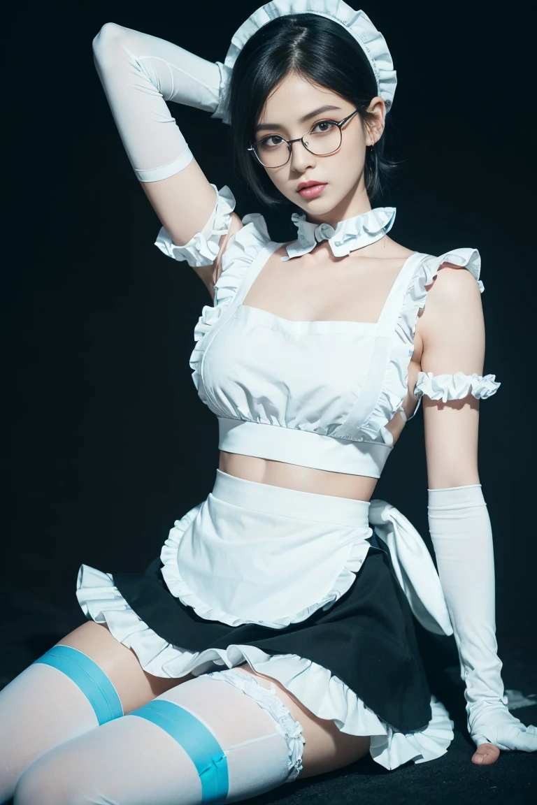 cinematic lighting,super dense skin、High quality illustrations、high resolution、beautiful and fine eyes、highest quality,(perfect anatomy:1.3),（Cyberpunk Universe:1.3）(1 beautiful woman、Detailed beautiful facial features:1.3)（black short hair、glasses:1.5）（Blue eyes、eye shadow:1.4）BREAK.late night（armory、An armory with all kinds of firearms、late night:1.2）BREAK.black short cut hair、 (fusion of (sleeveless white high neck and collared [crop top]) and (black puff sleeves):1.4), (white tops and black short sleeves:1.2), (wearing a white half apron over a black skirt:1.4), (waist cincher:1.3), (white half apron), ((white maid head-band with ruffles on head, white brim on head):1.3), (white thigh high stockings:1.4), ((white arm warmers, white long glove):1.3), (black heeled pumps:1.2), BREAK (light-blue lines on skirt、blue line:1.3), (light-blue ribbon bow on neck:1.3)BREAK（black short hair:1.5）（Holding a gun in your hand、gun.assault rifle:1.8）
