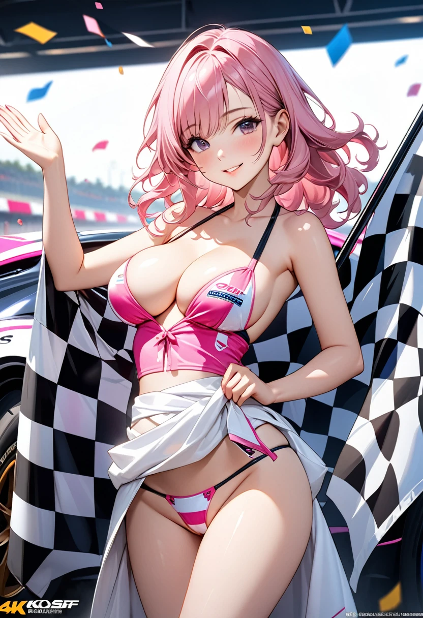 Draw a portrait of a beautiful race queen,A girl race queen, 18 years old, with beautiful long pink hair.The hair is wavy and has a beautiful texture and shine.The white mixed fur gives it a cute look.She is wearing a pink bikini-type outfit 、 beautiful white pareo around her waist.There are many sponsor logos on the bikini.He wears white long boots with sponsor logos on them.(The girl is holding a big checkered flag in both hands and waving it dynamically:1.5).A proud smile,In the background, One pink formula type racing car.Perfect racing car shape,A lot of confetti falls,Girl's The texture, luster and moisture of a girl's skin,Beautiful young lively face,Beautiful, firm, slightly large breasts,Beautiful cleavage, the texture and beautiful luster and moisture of the skin on the body,The beautiful texture and luster of bikinis, stylish expression of sponsor logos,A vivid depiction,Five perfect fingers,Cowboy Shot,(Ultra high quality, ultra high definition, masterpiece best quality, 4k, 8k:1.5), ultra detail,Ultra-fine painting, physically based rendering,Cinematic lighting,Sharp focus,Professional shooting resolution,Vivid colors,CG digital painting art、(nsfw:1.5)