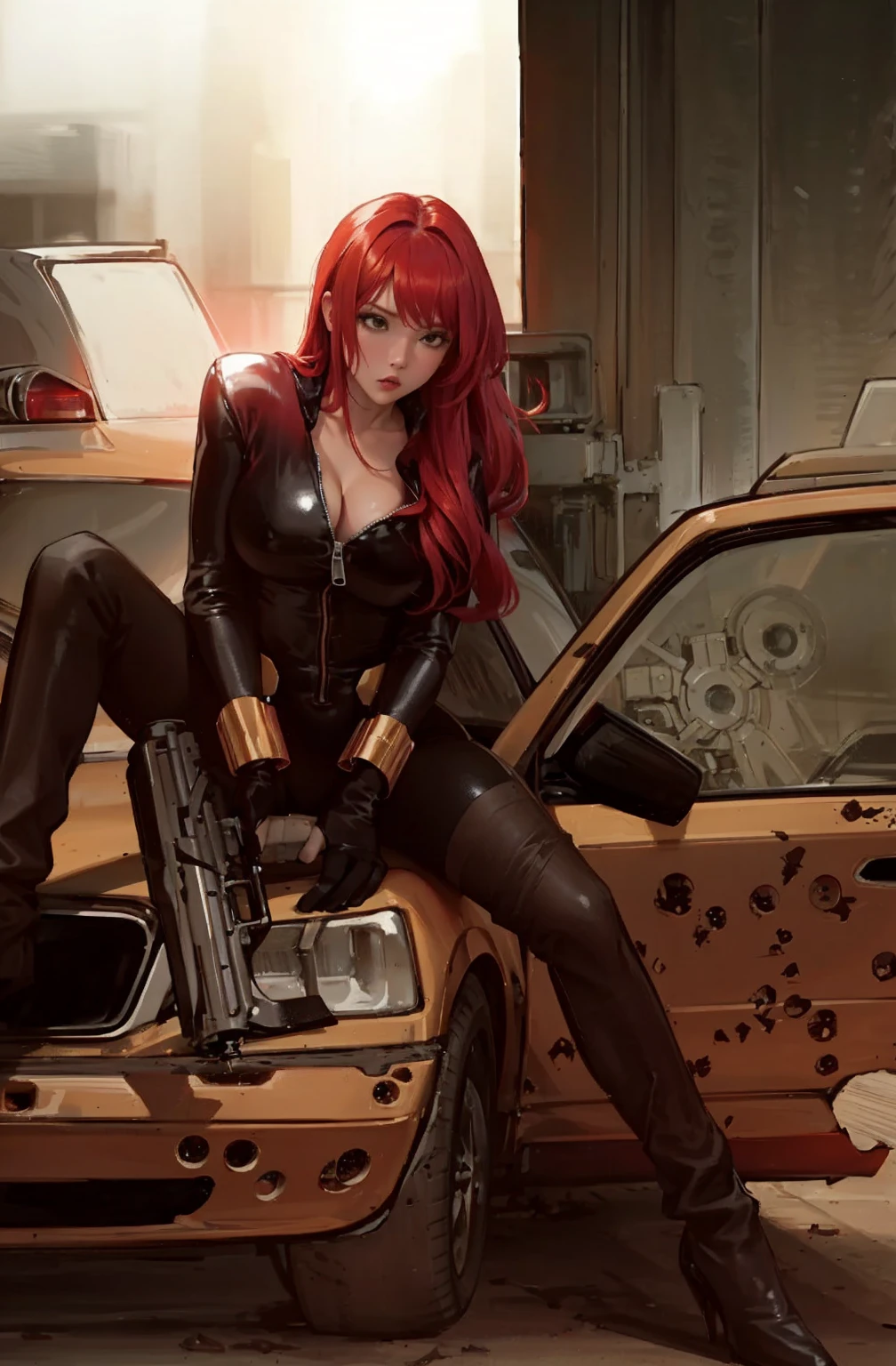 The image is an illustration of a red-haired woman dressed in a sleek skin-tight shiny black latex bodysuit with a deep-cut zipper neckline revealing a large chest, the silver zipper running down the front, sitting on the hood of a damaged yellow car, with bullet holes visible on it. The woman appears powerful and ready for action, holding a gun in both hands. The atmosphere of the scene is intense and dramatic, made even more so by the urban setting.