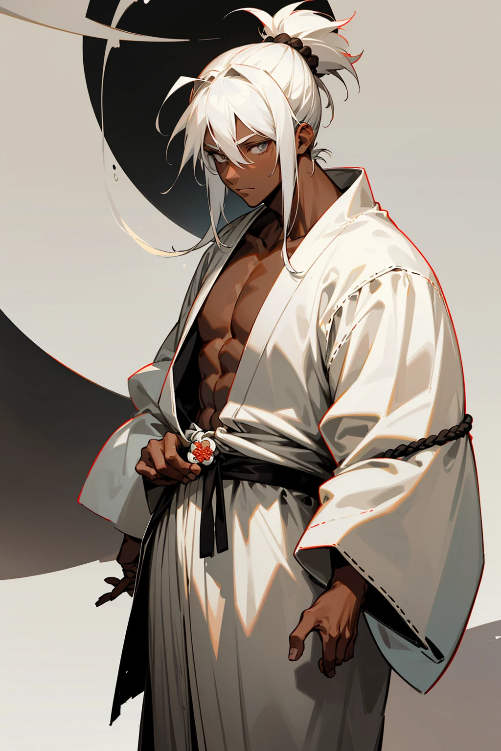 1boy, age 15, ((child,)) muscular, muscle, white hair, medium length hair, topknot hair, bright grey eyes, calm expression, white clothes, samurai robes, ronin robes, sandals, dark skin, caramel skin, black skin, hands to side, white room background, detailed background, detailed face, facing viewer