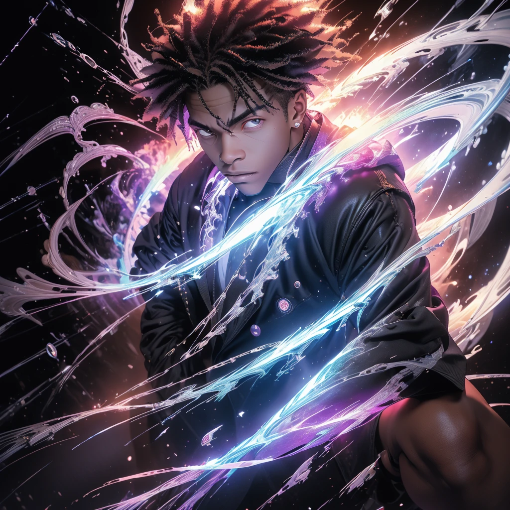 High resolution, professional photography, low aperture, African American young male, with brown skin in a black and white jacket with hands clasped together, dynamic pose, black hole background, purlple flashes in background, brilliant colors, jujutsu kaisen 