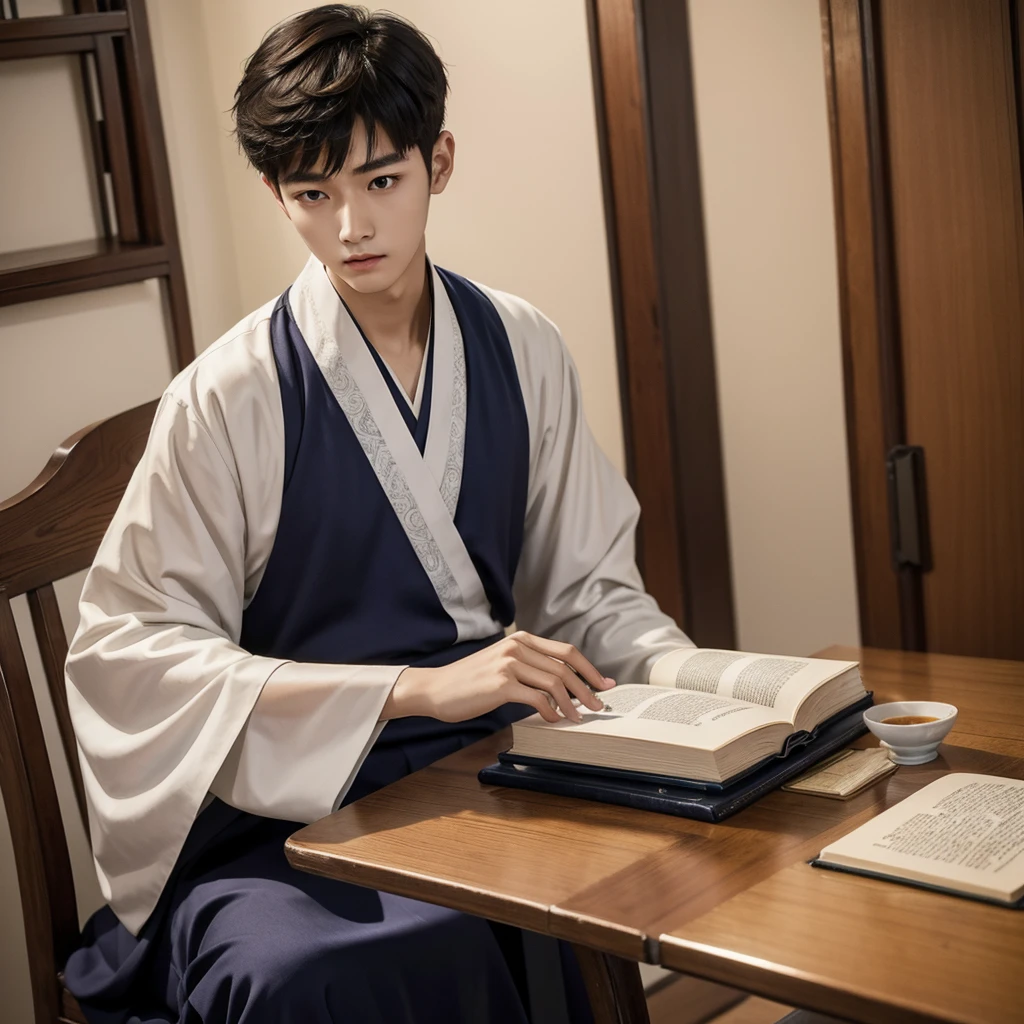 1 Handsome chinese slim guy, 20 years old, short hair, Youthful, book, Noble, sits at a table,  Hanfu