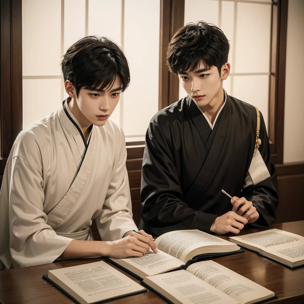 1 Handsome chinese slim guy, 20 years old, short hair, Youthful, book, Noble, sits at a table, Hanfu