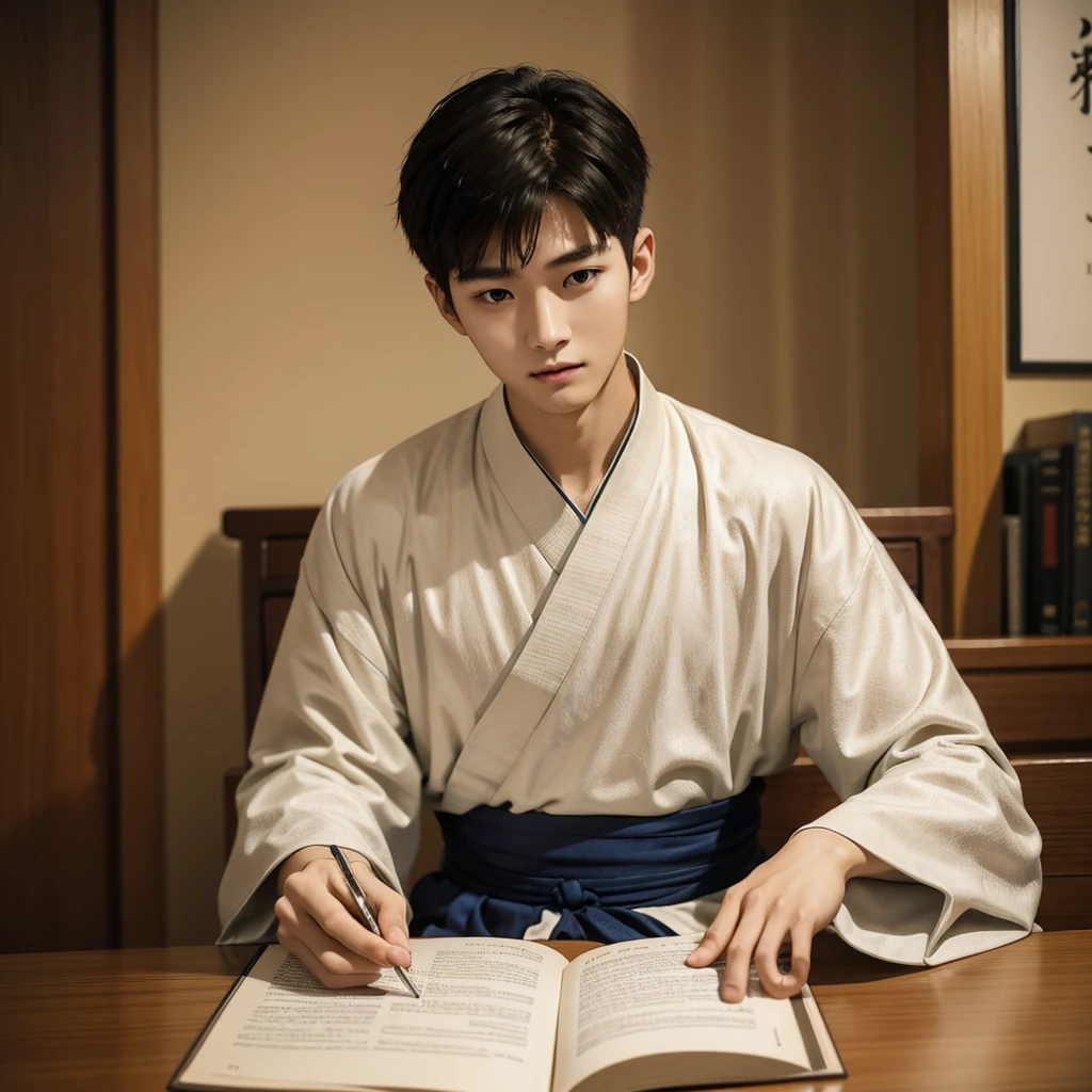 1 Handsome chinese slim guy, 20 years old, short hair, Youthful, book, Noble, sits at a table, Hanfu